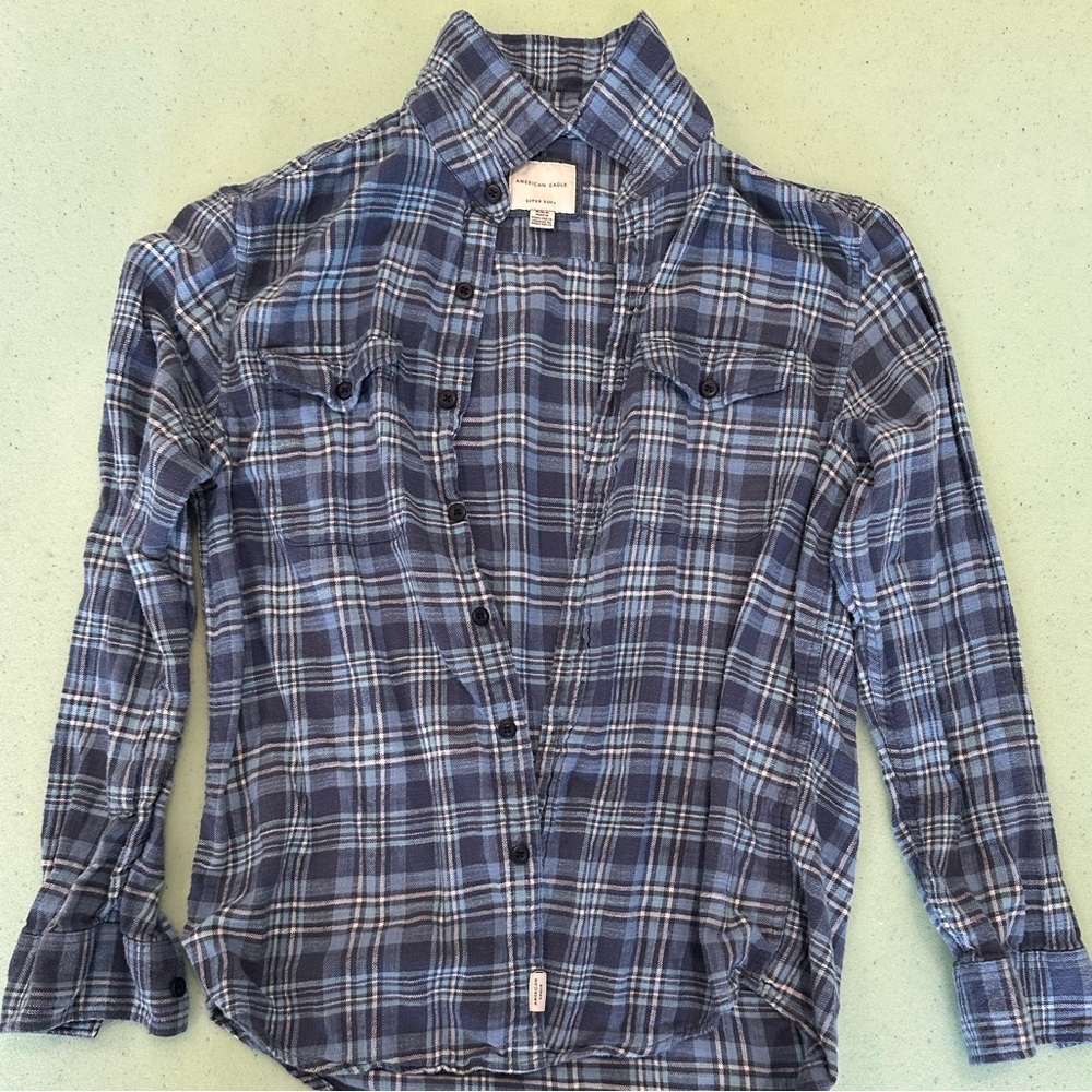 American Eagle Plaid Button-Up Shirt - Blue - Size Medium